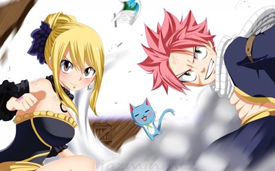 Fairy Tail, Happy, Lucy Heartfilia, Natsu Dragneel, Japanese manga, anime characters