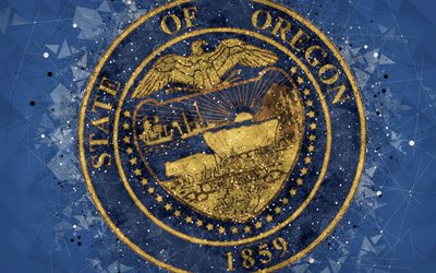 Seal of Oregon, 4k, emblem, geometric art, Oregon State Seal, American states, blue background, creative art, Oregon, USA, state symbols USA