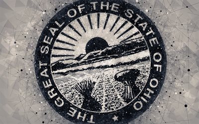 seal of ohio, 4k, emblem, geometrische kunst, ohio state seal, us-bundesstaaten, grauer hintergrund, kunst, ohio, usa, staatliche symbole usa