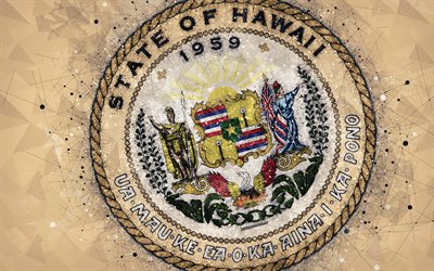 seal of hawaii, 4k, emblem, geometrische kunst, hawaii state seal, us-bundesstaaten, grauer hintergrund, kunst, hawaii, usa, staatliche symbole usa