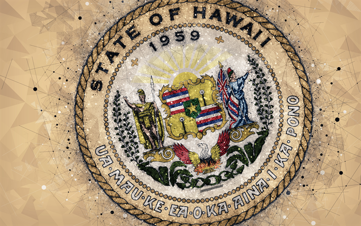 Sceau de Hawaii, 4k, embl&#232;me, geometric art, Hawaii Sceau d&#39;&#201;tat, &#233;tats Am&#233;ricains, fond gris, art cr&#233;atif, Hawaii, etats-unis, des symboles de l&#39;&#233;tat-UNIS