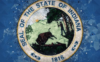 Selo de Indiana, 4k, emblema, arte geom&#233;trica, Do Estado De Indiana Selo, Estados americanos, fundo azul, arte criativa, Indiana, EUA, s&#237;mbolos do estado EUA