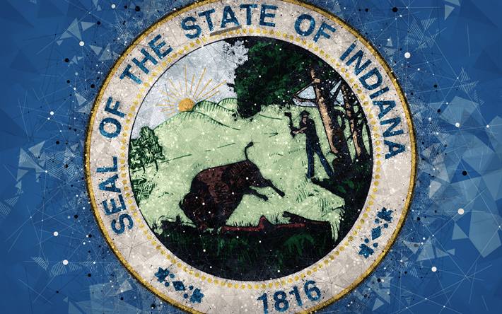 T&#228;tning av Indiana, 4k, emblem, geometriska art, Indiana State T&#228;tning, Usa, bl&#229; bakgrund, kreativ konst, Indiana, USA, statligt symboler USA