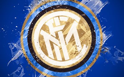 FC Internazionale, 4k, paint art, creative, Italian soccer team, Serie A, logo, emblem, blue background, grunge style, Milan, Italy, football, FC Inter
