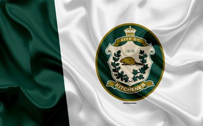 Bandiera di Kitchener, 4k, seta, texture, la citt&#224; Canadese verde di seta bianca, bandiera, Kitchener bandiera, Ontario, Canada, arte, Nord America, Kitchener