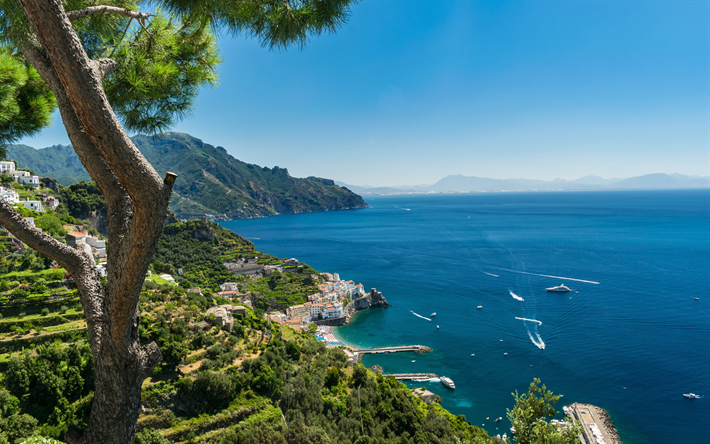 Salerno, 4k, baia, estate, resort, Amalfi, Italia, Europa