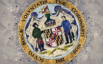 Seal of Maryland, 4k, emblem, geometric art, Maryland State Seal, American states, gray background, creative art, Maryland, USA, state symbols USA
