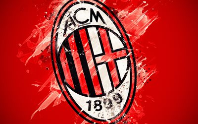 AC Milan, 4k, boya, sanat, yaratıcı, İtalyan futbol takımı, logo, amblem, kırmızı arka plan, grunge tarzı, Milan, İtalya, Bir futbol Ligi
