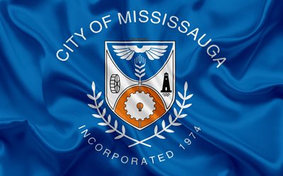Lipun Mississauga, 4k, silkki tekstuuri, Kanadan kaupunki, sininen silkki lippu, Mississauga lippu, Ontario, Kanada, art, Pohjois-Amerikassa, Mississauga