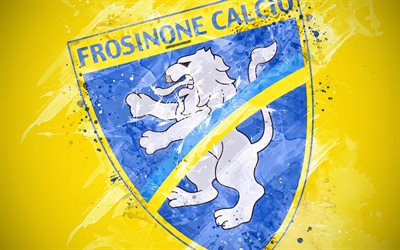 Frosinone Calcio, 4k, a arte de pintura, criativo, Time de futebol italiano, Serie A, logo, emblema, fundo amarelo, o estilo grunge, Frosinone, It&#225;lia, futebol, Frosinone FC