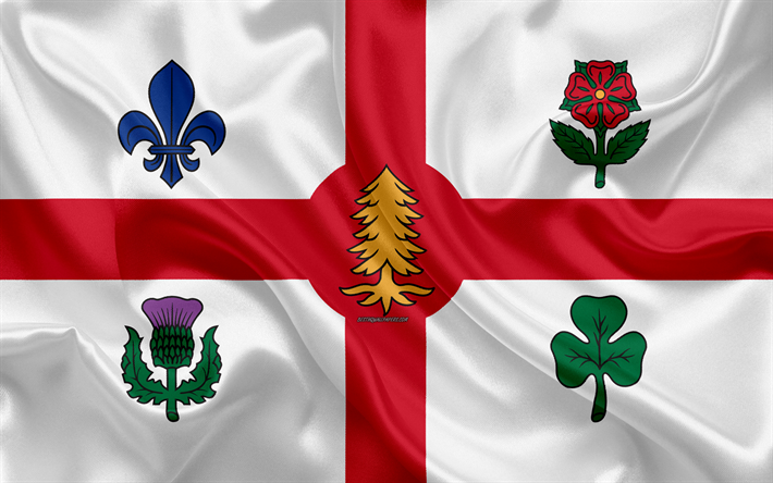 العلم من مونتريال, 4k, نسيج الحرير, المدينة الكندية, أبيض من الحرير الأحمر العلم, مونتريال العلم, كيبيك, كندا, الفن, أمريكا الشمالية, مونتريال