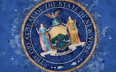 Seal of New York, 4k, emblem, geometric art, New York State Seal, American states, blue background, creative art, New York, USA, state symbols USA