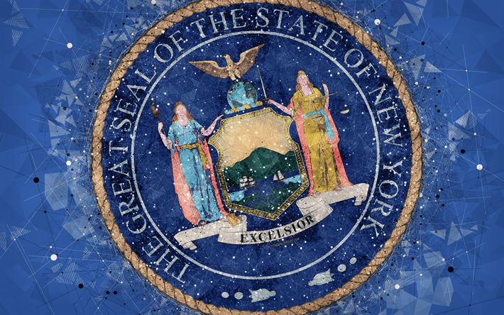 Seal of New York, 4k, emblem, geometric art, New York State Seal, American states, blue background, creative art, New York, USA, state symbols USA