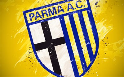 Parma Fotboll 1913, 4k, m&#229;la konst, kreativa, Italiensk fotboll, Serie A, logotyp, emblem, gul bakgrund, grunge stil, Parma, Italien, fotboll Parma FC