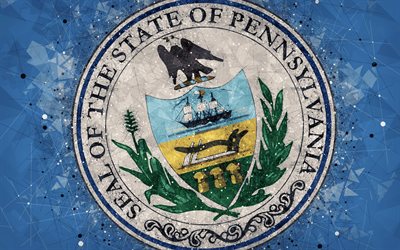 seal of pennsylvania, 4k, emblem, geometrische kunst, pennsylvania state seal, amerikanischer staaten, blauer hintergrund, kreative kunst, pennsylvania, usa, staatliche symbole usa