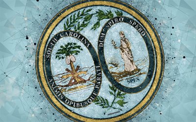 Seal of South Carolina, 4k, emblem, geometriska art, South Carolina State T&#228;tning, Usa, bl&#229; bakgrund, kreativ konst, South Carolina, USA, statligt symboler USA