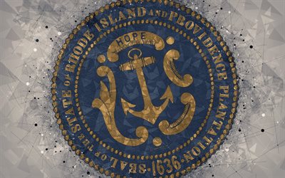 seal of rhode island, 4k, emblem, geometrische kunst, rhode island state seal, us-bundesstaaten, grauer hintergrund, kunst, rhode island, usa, staatliche symbole usa