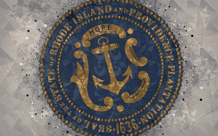 Selo de Rhode Island, 4k, emblema, arte geom&#233;trica, O Selo Do Estado De Rhode Island, Estados americanos, plano de fundo cinza, arte criativa, Rhode Island, EUA, s&#237;mbolos do estado EUA