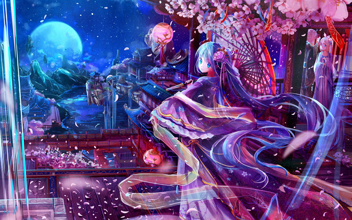 Hatsune Miku, la lune, la nuit, Vocaloid, kimono, Miku Hatsune, manga