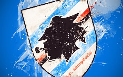 UC Sampdoria, 4k, paint taidetta, luova, Italian jalkapallojoukkueen, Serie, logo, tunnus, sininen tausta, grunge-tyyliin, Genova, Italia, jalkapallo