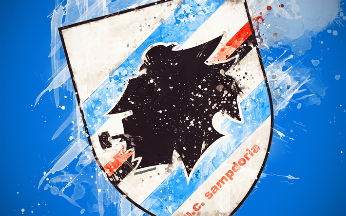 UC Sampdoria, 4k, paint art, creative, Italian soccer team, Serie A, logo, emblem, blue background, grunge style, Genoa, Italy, football