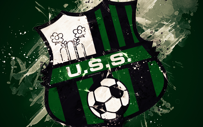 US Sassuolo Calcio, 4k, paint art, creative, Italian football team, Serie A, logo, emblem, green background, grunge style, Modena, Italy, football, Sassuolo FC