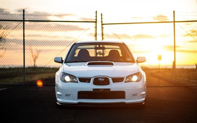 Subaru Impreza WRX STI, vista frontale, tuning Impreza, bianco WRX STI, tramonto, sera, Giapponesi, sport auto, Subaru