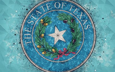 Seal of Texas, 4k, emblem, geometric art, Texas State Seal, American states, blue background, creative art, Texas, USA, state symbols USA