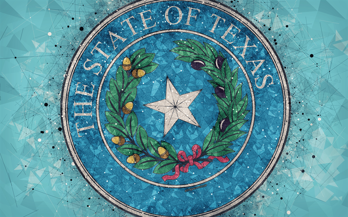siegel von texas, 4k, emblem, geometrische kunst, die texas state seal, amerikanischer staaten, blauer hintergrund, kreative kunst, texas, usa, staatliche symbole usa