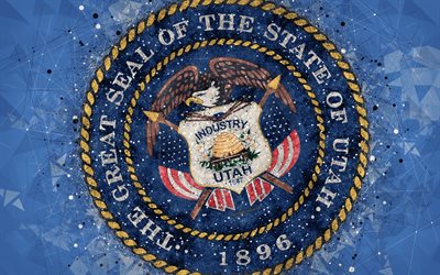 Seal of Utah, 4k, emblem, geometric art, Utah State Seal, American states, blue background, creative art, Utah, USA, state symbols USA