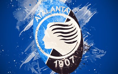 Atalanta BC, 4k, peinture d&#39;art, de cr&#233;ation, l&#39;italien de l&#39;&#233;quipe de soccer, Serie A, le logo, l&#39;embl&#232;me, fond bleu, style grunge, Bergame, en Italie, le football, le FC Atalanta