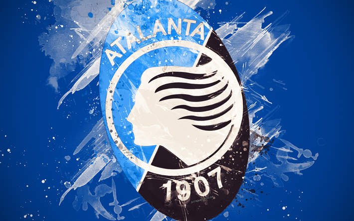 Atalanta BC, 4k, a arte de pintura, criativo, Time de futebol italiano, Serie A, logo, emblema, fundo azul, o estilo grunge, Bergamo, It&#225;lia, futebol, Atalanta FC