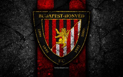 4k, Honved FC, logo, Macaristan Lig, futbol, NB, siyah taş, Futbol Kul&#252;b&#252;, Macaristan, Honved, asfalt doku, FC Honved