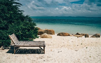 strand, chaise longue, tropical island, abend, ozean, sommer, tourismus, gro&#223;en gr&#252;nen busch auf den strand
