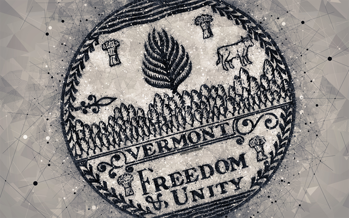 Seal of Vermont, 4k, emblem, geometriska art, Vermont State T&#228;tning, Usa, gr&#229; bakgrund, kreativ konst, Vermont, USA, statligt symboler USA