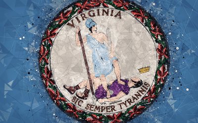 Seal of Virginia, 4k, emblem, geometric art, Virginia State Seal, American states, blue background, creative art, Virginia, USA, state symbols USA