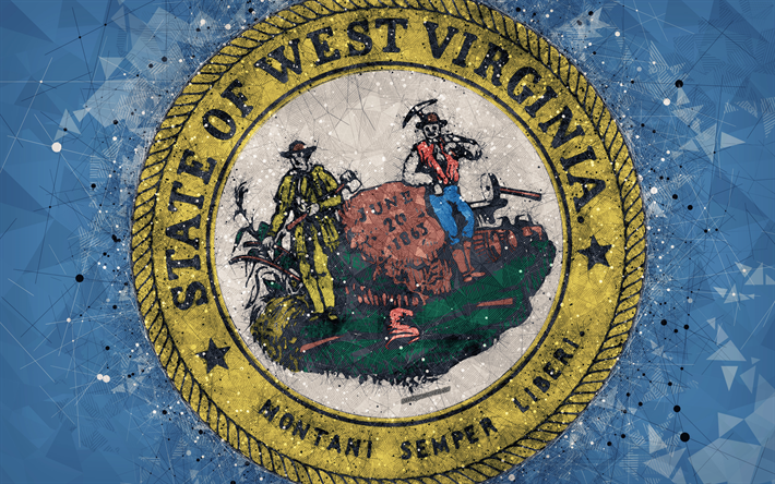 Seal of West Virginia, 4k, emblem, geometric art, West Virginia State Seal, American states, blue background, creative art, West Virginia, USA, state symbols USA