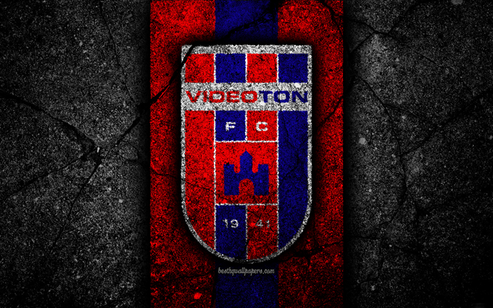 4k, Videoton FC, logo, Hungarian Liga, soccer, NB I, black stone, football club, Hungary, Videoton, football, asphalt texture, FC Videoton