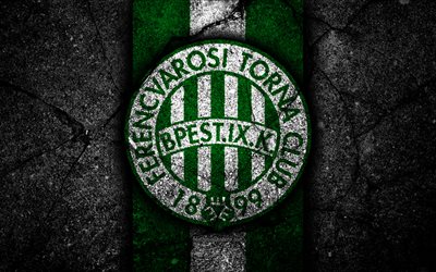 4k, Ferencvaros FC, logo, Hungarian Liga, soccer, NB I, black stone, football club, Hungary, Ferencvaros, football, asphalt texture, FC Ferencvaros