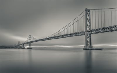 جسر خليج, صباح, شروق الشمس, الصورة بالأبيض والأسود, أحادية اللون, سان فرانسيسكو, أوكلاند, الولايات المتحدة الأمريكية