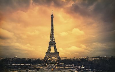 Paris, Torre Eiffel, noite, p&#244;r do sol, nuvens, capital, paisagem urbana, panorama, Fran&#231;a