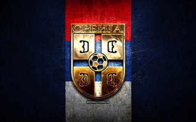 Serbia National Football Team, golden logo, Europe, UEFA, green metal background, Serbian football team, soccer, FAS logo, football, Serbia