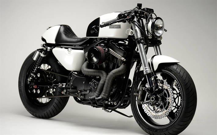 Harley-Davidson Iron 883, Cafe Racer, fresco de la motocicleta, nuevo blanco de Iron 883, estadounidense de motocicletas Harley-Davidson