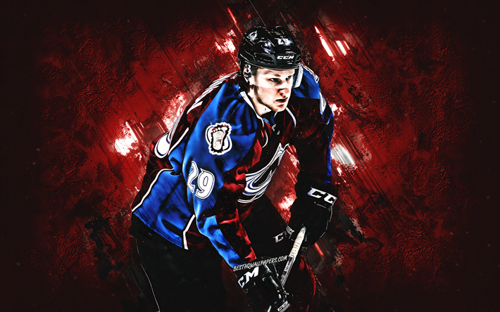 Nathan MacKinnon, Colorado Avalanche, Canadian hockey player, portrait, NHL, USA, burgundy stone background, hockey