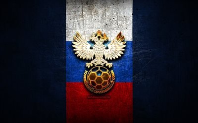 روسيا فريق كرة القدم الوطني, الشعار الذهبي, أوروبا, الاتحاد الاوروبي, معدني أزرق الخلفية, فريق كرة القدم الروسي, كرة القدم, RFU شعار, روسيا
