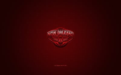 New Orleans Pelikanlar, Amerikan basketbol kul&#252;b&#252;, NBA, kırmızı logo, kırmızı karbon fiber arka plan, basketbol, New Orleans, Louisiana, ABD Ulusal Basketbol Birliği, New Orleans Pelikan logosu
