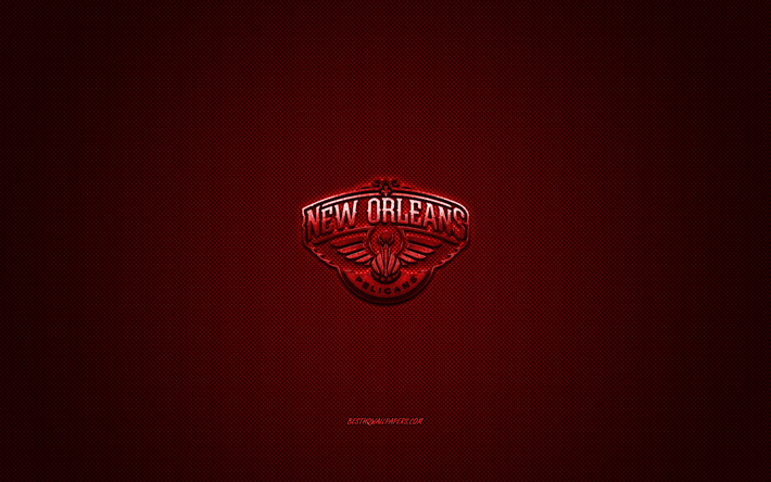 New Orleans Pelicans, American basketball club, NBA, punainen logo, punainen hiilikuitu tausta, koripallo, New Orleans, Louisiana, USA, National Basketball Association, New Orleans Pelicans-logo
