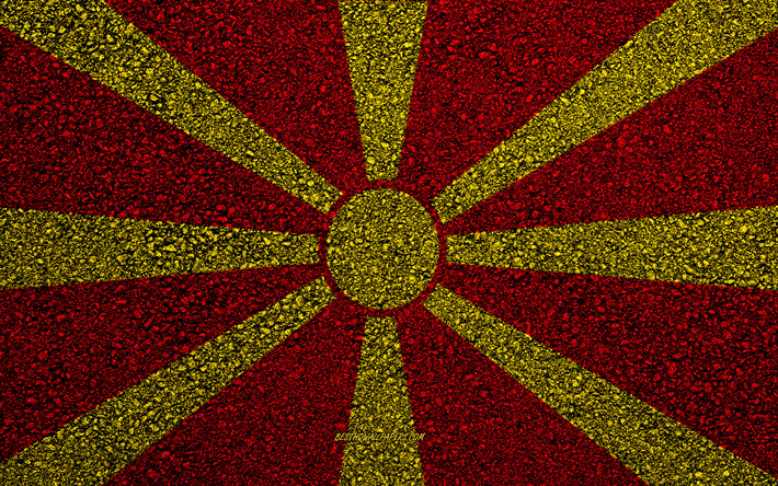 Flag of North Macedonia, asphalt texture, flag on asphalt, North Macedonia flag, Europe, North Macedonia, flags of european countries