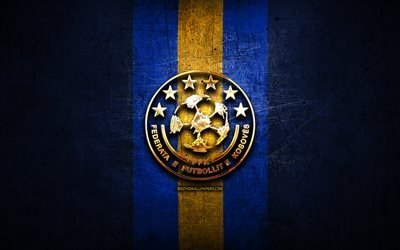 Kosovo National Football Team, golden logo, Europe, UEFA, blue metal background, Kosovar football team, soccer, FFK logo, football, Kosovo