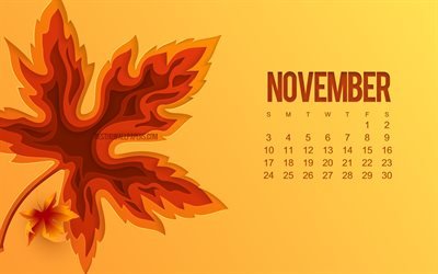 2019 noviembre de Calendario, 3d hoja de oto&#241;o, fondo naranja, oto&#241;o conceptos, 2019 calendarios, oto&#241;o, arte creativo de noviembre de 2019 Calendario